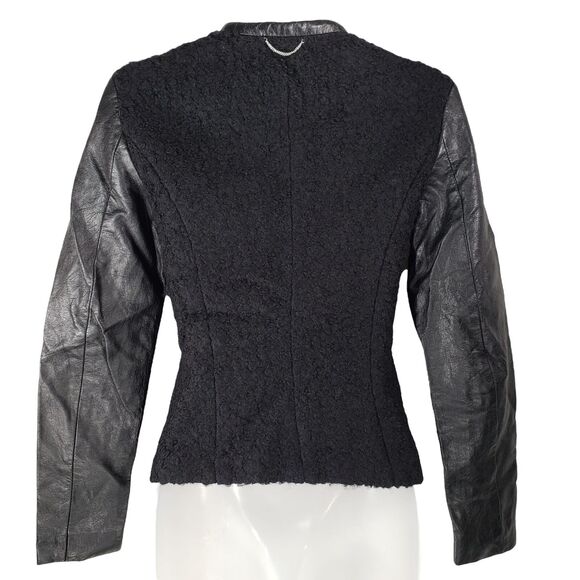 H&M sz 2 Womens Moto Jacket 2Wool Faux Leather Black Full Zip Up Zip Pockets - Picture 2 of 12